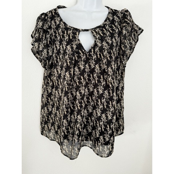 Kaileigh women black Tan Floral Short Sleeve Blouse Keyhole Neck Office Career M - Picture 1 of 8